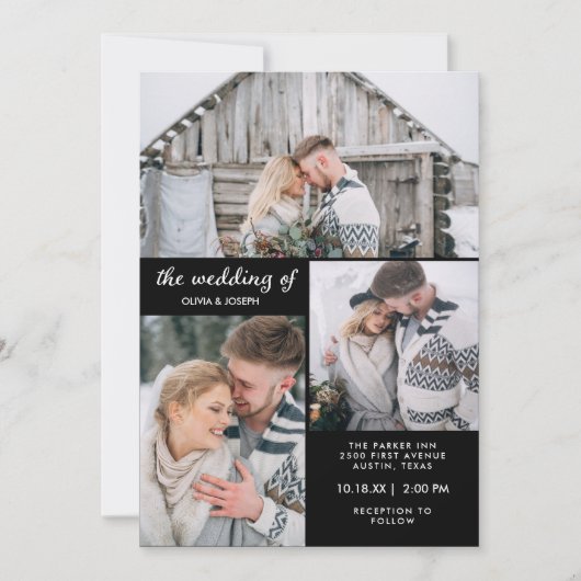 Drei Fotos in modernem Schwarz | Hochzeit Einladung (Vorderseite)