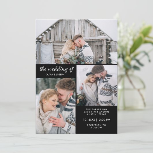 Drei Fotos in modernem Schwarz | Hochzeit Einladung (Stehend Vorderseite)