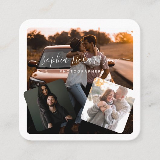 Drei Fotos lässige Unterschrift in Schwarzweiß Quadratische Visitenkarte (Vorderseite)