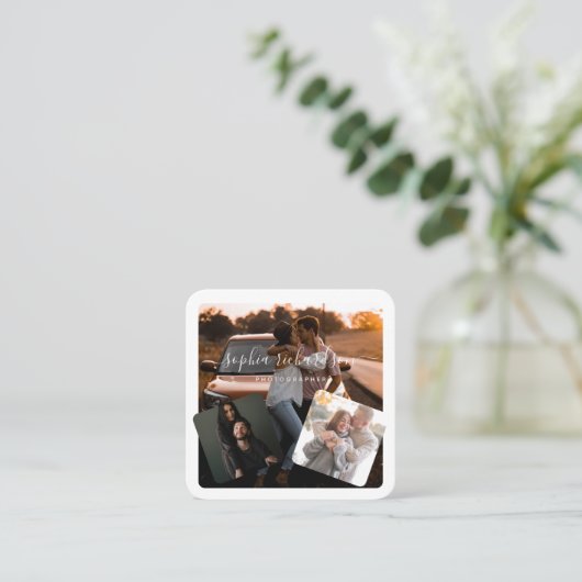 Drei Fotos lässige Unterschrift in Schwarzweiß Quadratische Visitenkarte (Stehend Vorderseite)