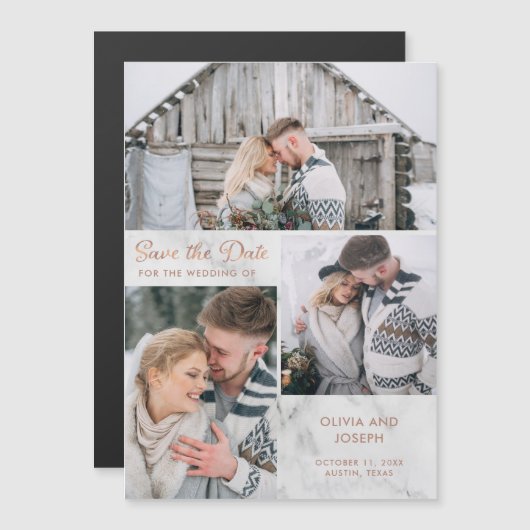 Drei Fotos Save the Date | Marmor und Rose Gold Magneteinladung (Vorne/Hinten)