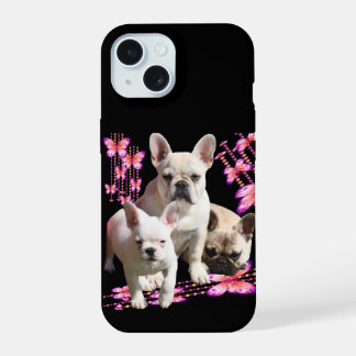 Drei französische Bulldoggen mit Schmetterling iPhone 15 Hülle