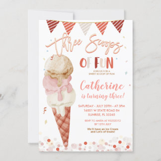 Drei Fun-Scoops 3. Geburtstag Party Glitzer Einladung