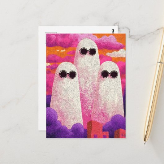 Drei Geister in Sonnenbrille in den Wolken Postkarte (Vorderseite/Rückseite Beispiel)