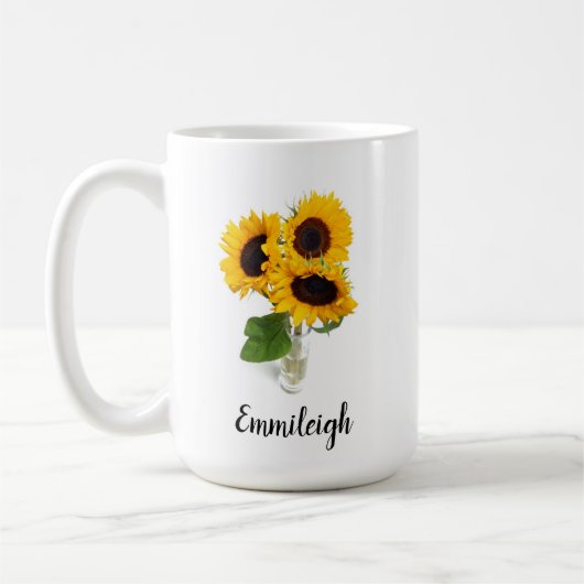 Drei gelbe Sonnenblumen in Vase Custom Kaffeetasse (Links)