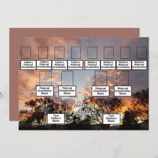 Drei-Generation-Foto-Baumreihe mit Orange Sunse Einladung (Vorne/Hinten)