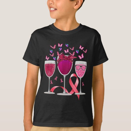 Drei Glas Wein Brustkrebs Bewusstsein Pink Ribb T-Shirt (Vorderseite)