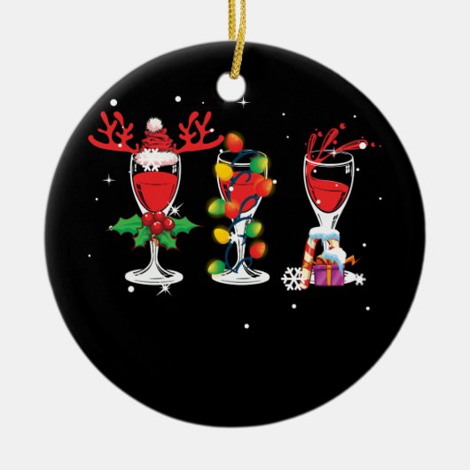 Drei Gläser Rotwein Weihnachtsmannmütze Weihnachte Keramik Ornament (Vorne)