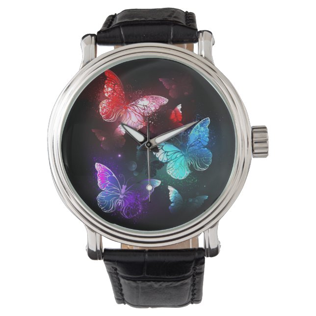 Drei glühende Schmetterlinge im Hintergrund Armbanduhr (Vorderseite)