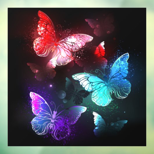 Drei glühende Schmetterlinge im Hintergrund Fensteraufkleber (Blatt 3)