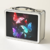 Drei glühende Schmetterlinge im Hintergrund Metall Brotdose (Rückseite)