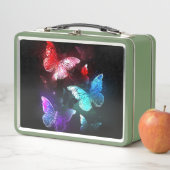 Drei glühende Schmetterlinge im Hintergrund Metall Brotdose (Beispiel)