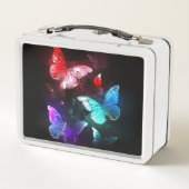 Drei glühende Schmetterlinge im Hintergrund Metall Brotdose (Rückseite)