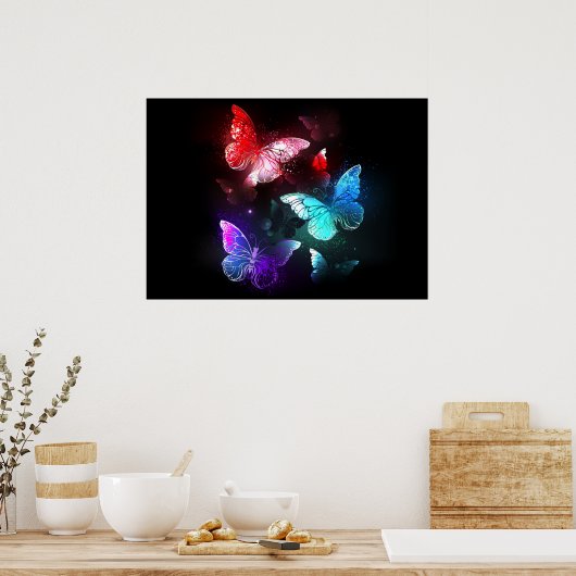 Drei glühende Schmetterlinge im Hintergrund Poster (Küche)
