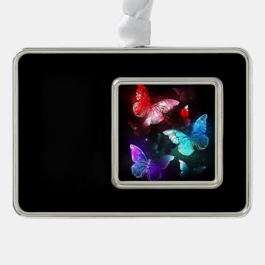 Drei glühende Schmetterlinge im Hintergrund Rahmen-Ornament Silber (Vorderseite)