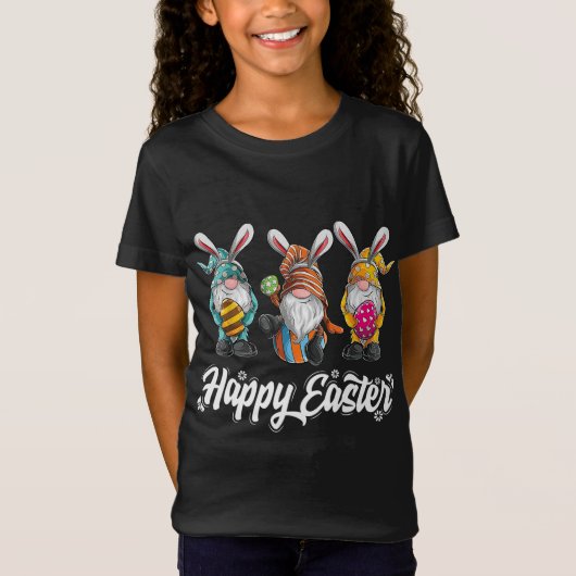 Drei Gnomen Bunny Holding Ostereier Jagd Happ T-Shirt (Vorderseite)