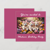 Drei Golden Retriever Welpen mit Blume Einladung (Vorne/Hinten)