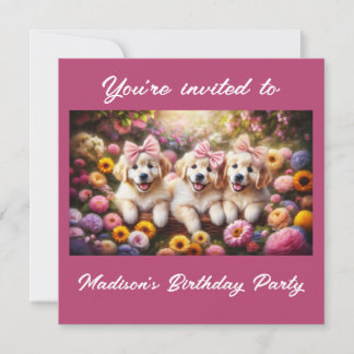 Drei Golden Retriever Welpen mit Blumen Einladung