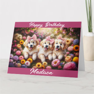 Drei Golden Retriever Welpen mit Blumen Karte