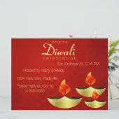 Drei goldene Deepas zur roten Einladung (Stehend Vorderseite)