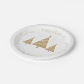 Drei goldene Weihnachtsbäume mit Weihnachtsgrüßen Pappteller (Schrägansicht)