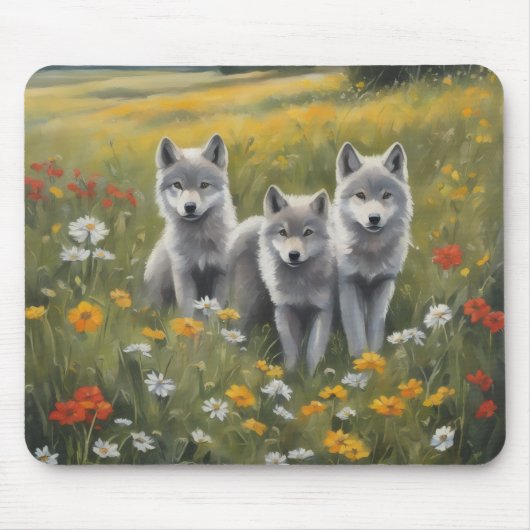 Drei graue Wolfswelpen, die auf Unfug warten Mousepad (Vorne)