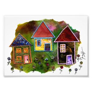 Drei Haus-Collage mit Blumen Fotodruck