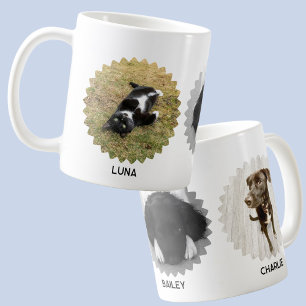 Drei Haustier-Foto-Collage mit welliger Kante und Kaffeetasse