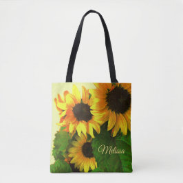 Drei helle gelbe Sonnenblumen personalisiert Tasche