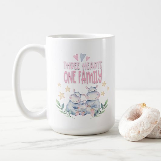 Drei Herzen eine Familie Niedlich Hippos Pink Kaffeetasse (Mit Donut)