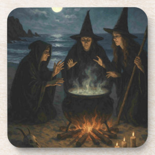 Drei Hexen brauen Kessel Vollmond Strand  Getränkeuntersetzer
