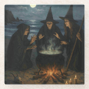 Drei Hexen brauen Kessel Vollmond Strand  Glasuntersetzer