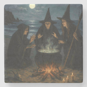 Drei Hexen brauen Kessel Vollmond Strand  Steinuntersetzer