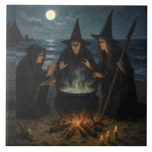 Drei Hexen Brew Cauldron Vollmond Strand Fliese (Vorderseite)