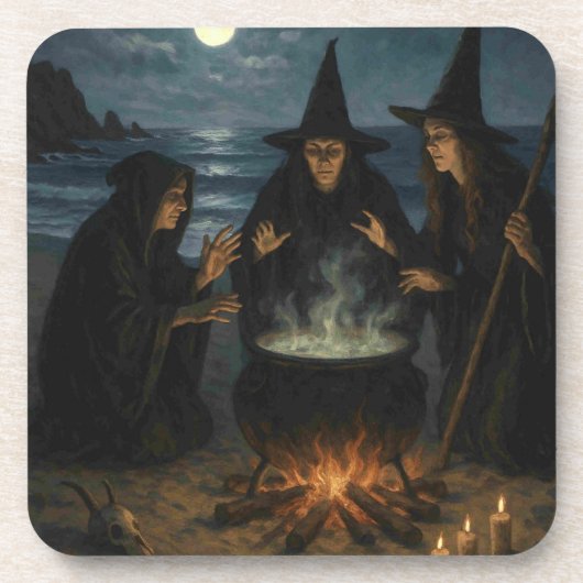 Drei Hexen Brew Cauldron Vollmond Strand Getränkeuntersetzer (Vorderseite)