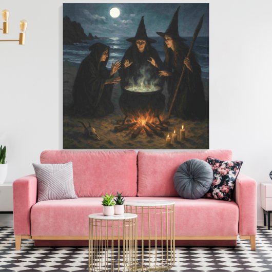 Drei Hexen Brew Cauldron Vollmond Strand Leinwanddruck (Insitu (Wohnzimmer))