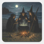Drei Hexen Brew Cauldron Vollmond Strand Quadratischer Aufkleber (Vorderseite)