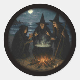 Drei Hexen Brew Cauldron Vollmond Strand Runder Aufkleber