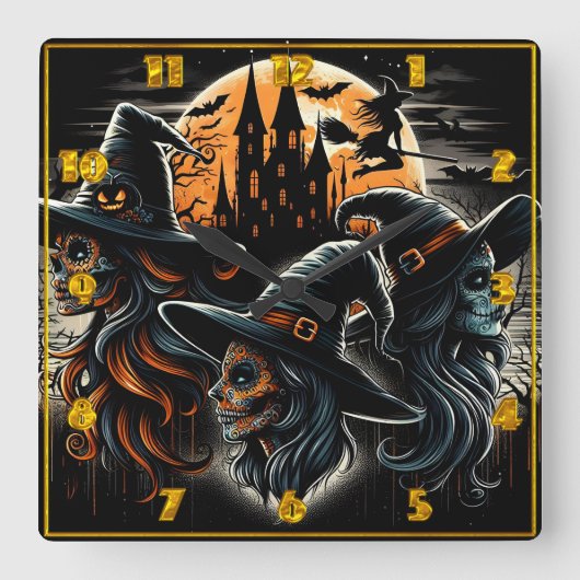 Drei Hexen unter Vollmond an Halloween-Nacht Quadratische Wanduhr (Vorderseite)