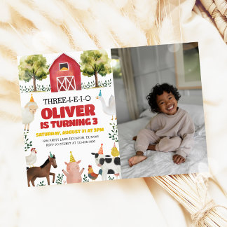 Drei-I-E-I-O-Bauernhof 3. Geburtstag Foto Einladun Einladung