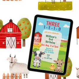 Drei I-E-I-O, süßes Farmtier zum 3. Geburtstag Einladung