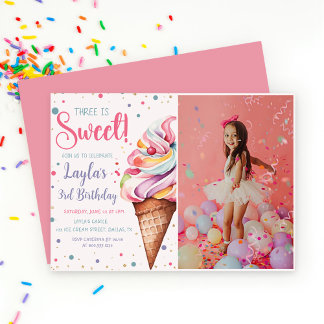 Drei ist Sweet Ice Cream 3. Geburtstag Foto Einladung