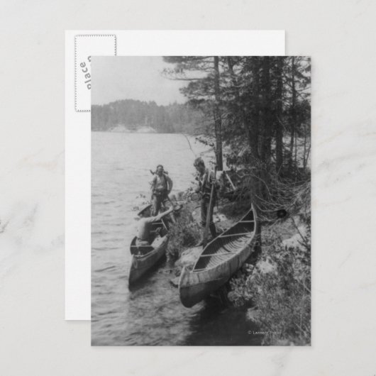 Drei Jäger mit Kanus an der Küste Postkarte (Vorne/Hinten)