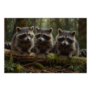 Drei junge Raccoons im Wald Poster