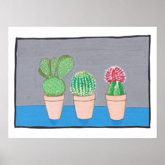 Drei Kakteen in Töpfen, niedliche, naive Kunst Poster (Vorne)