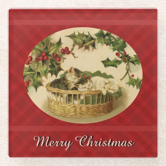 Drei Kätzchen in einem Korbglas-Untersetzer Glasuntersetzer (Vorderseite)