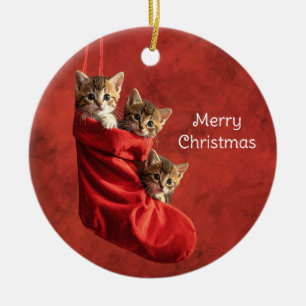 Drei Kätzchen in einem Weihnachtsstrumpf Keramik Ornament