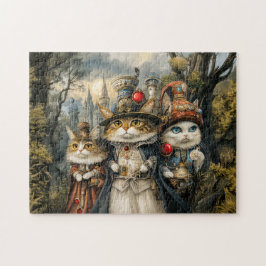 Drei Katzen im Steampunk-Fantasy-Wald Puzzle