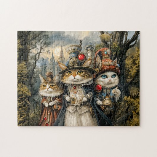 Drei Katzen im Steampunk-Fantasy-Wald Puzzle (Horizontal)