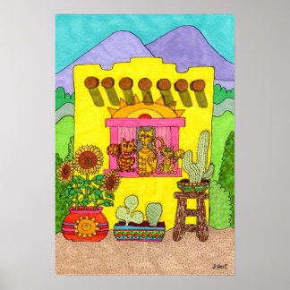 Drei Katzen in einem gelben Adobe-Haus Poster